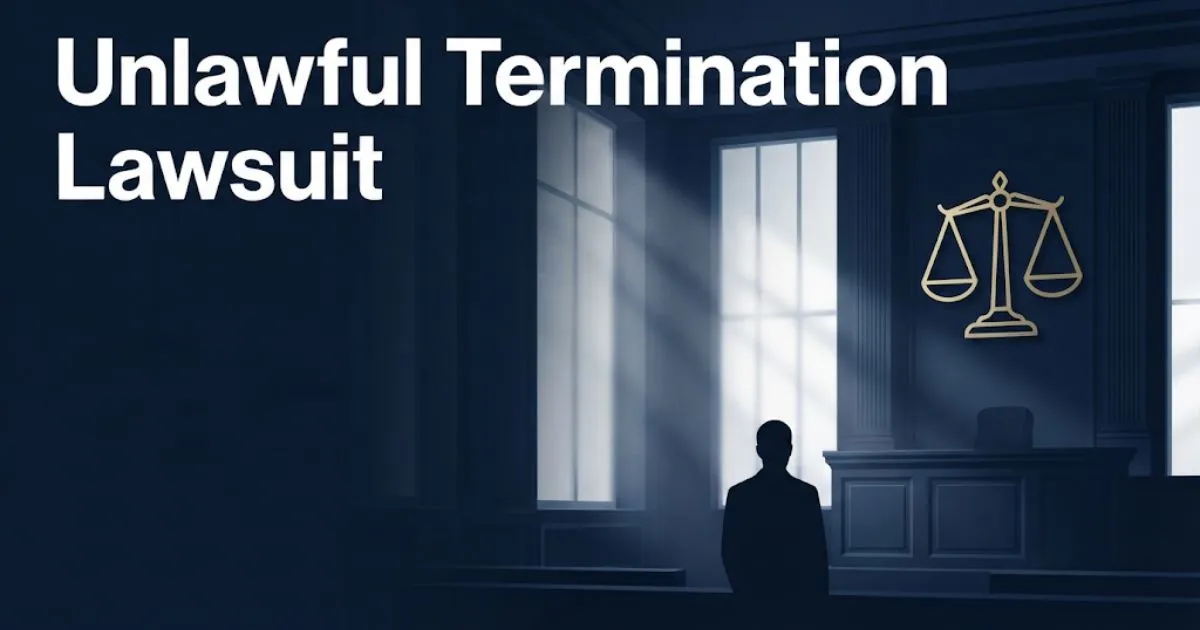 Unlawful termination lawsuit hero banner with gold scales of justice on navy background