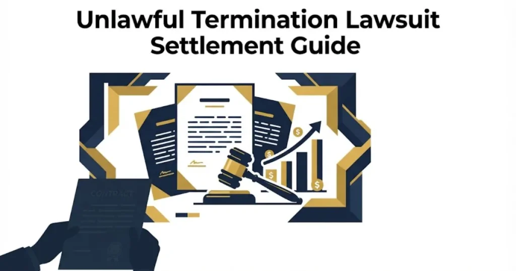 Unlawful termination lawsuit settlement guide graphic with legal documents and bar chart