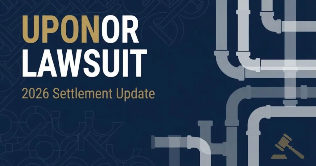 Uponor lawsuit 2026 hero banner with navy blue background, gold gavel icon, and abstract PEX pipe silhouettes