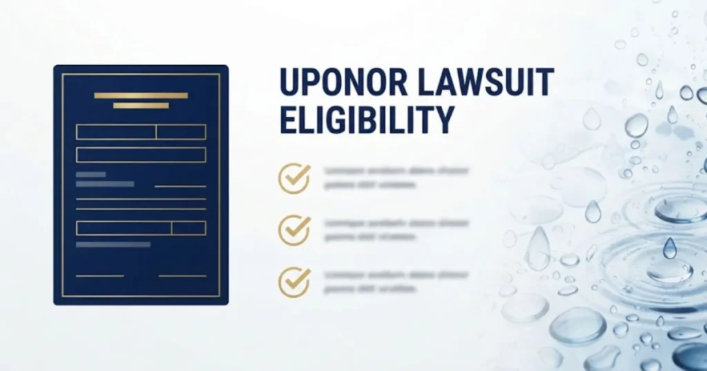 Uponor lawsuit eligibility graphic with claim form icon, checklist elements, and water damage visual on white background