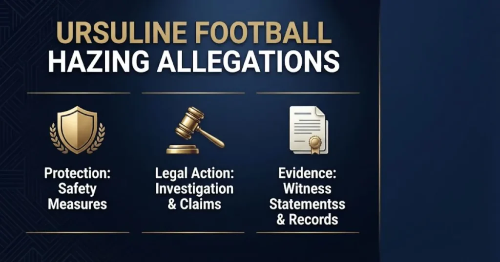 Ursuline football hazing allegations infographic with legal icons and timeline
