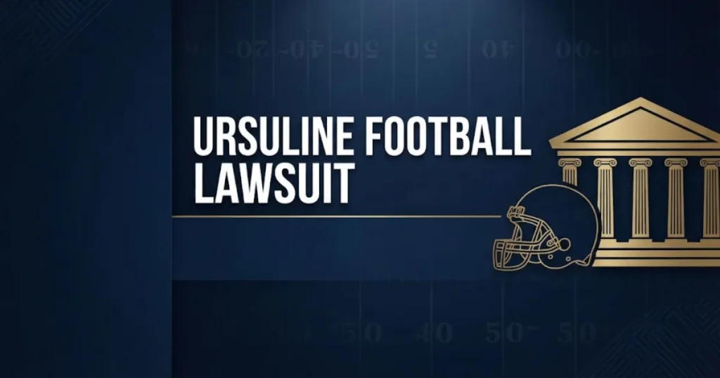 Ursuline football lawsuit hero banner with courthouse and football imagery