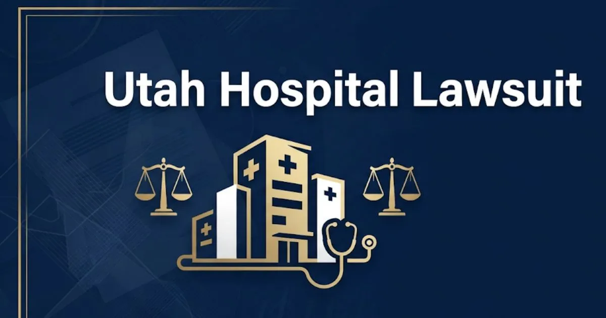 Utah hospital lawsuit 2026 hero banner with scales of justice and hospital silhouette
