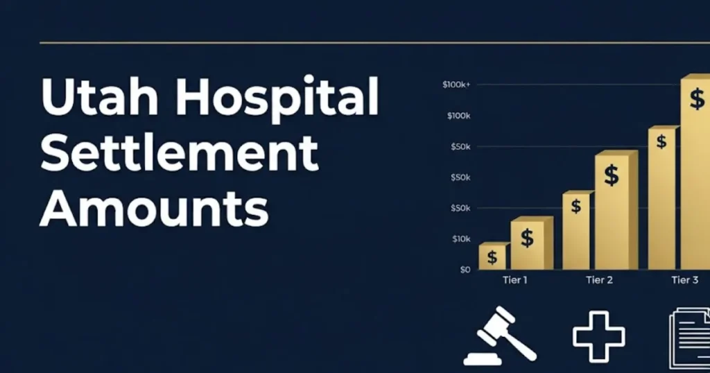 Utah hospital lawsuit settlement amounts infographic with payout chart and legal icons