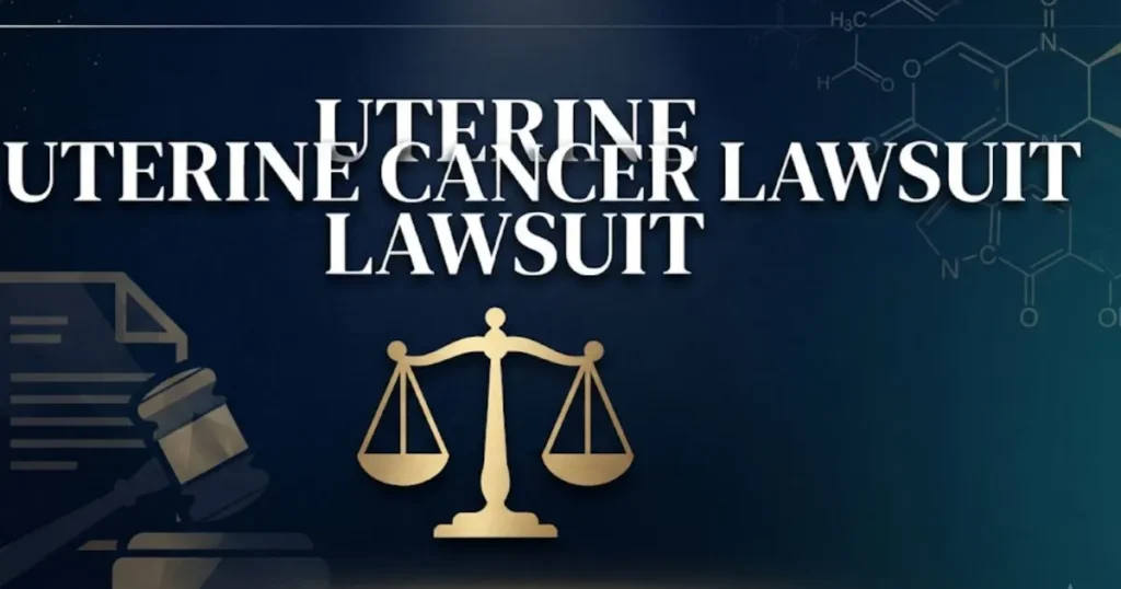 Uterine cancer lawsuit 2026 hero banner with scales of justice and legal imagery