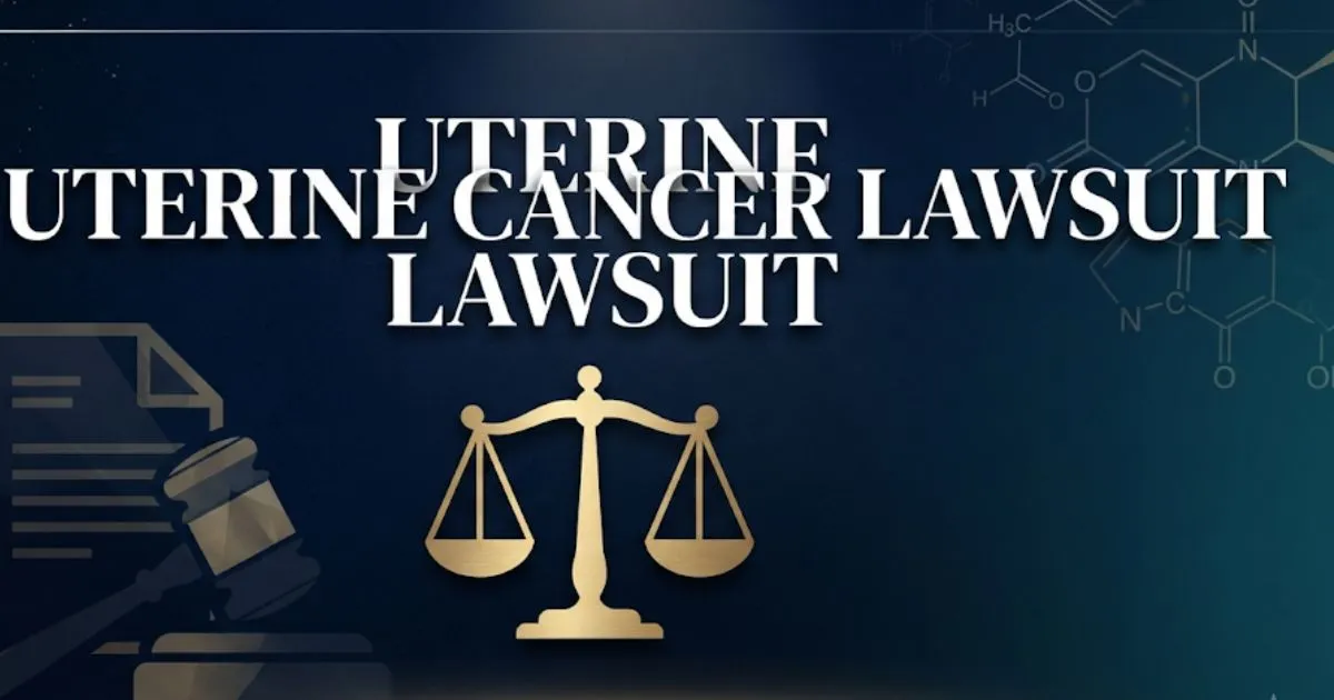 Uterine cancer lawsuit 2026 hero banner with scales of justice and legal imagery