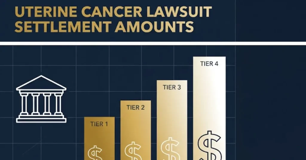 Uterine cancer lawsuit settlement amounts infographic showing payout tiers for 2026