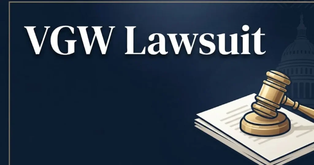 VGW lawsuit 2026 hero banner with gavel and legal documents in navy and gold