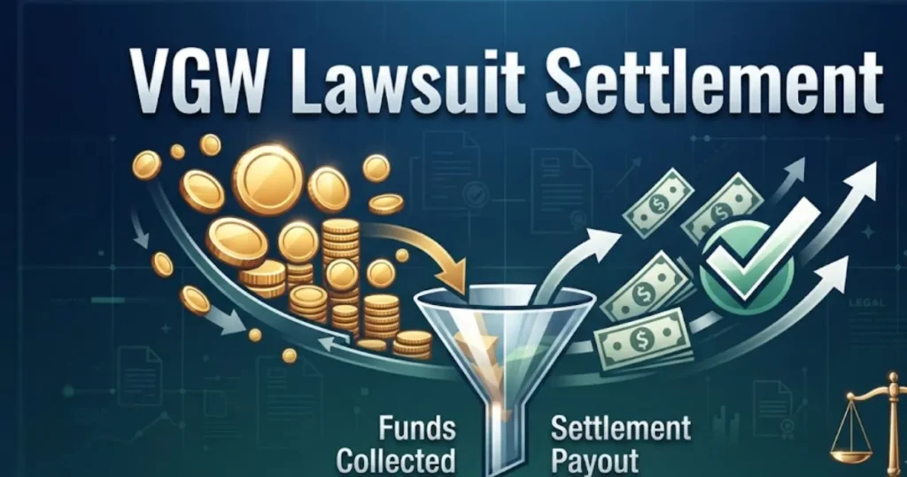 VGW lawsuit settlement payout process infographic with gold coins and dollar icons