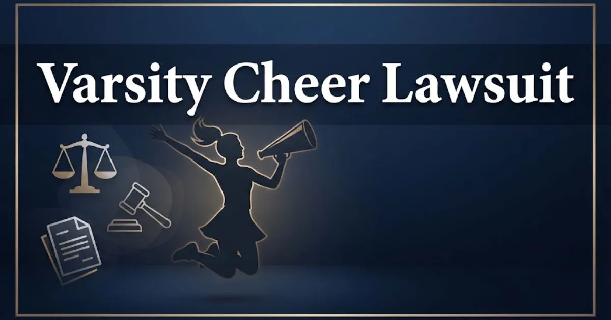 Varsity cheer lawsuit 2026 hero banner with legal symbols and cheerleader silhouette
