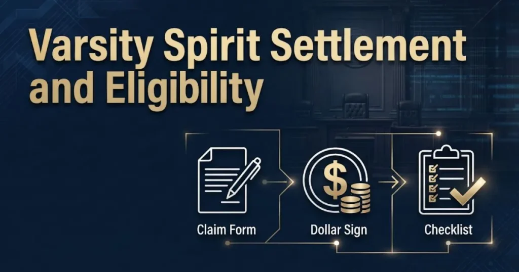 Varsity spirit settlement eligibility graphic with courtroom silhouette and claim icons