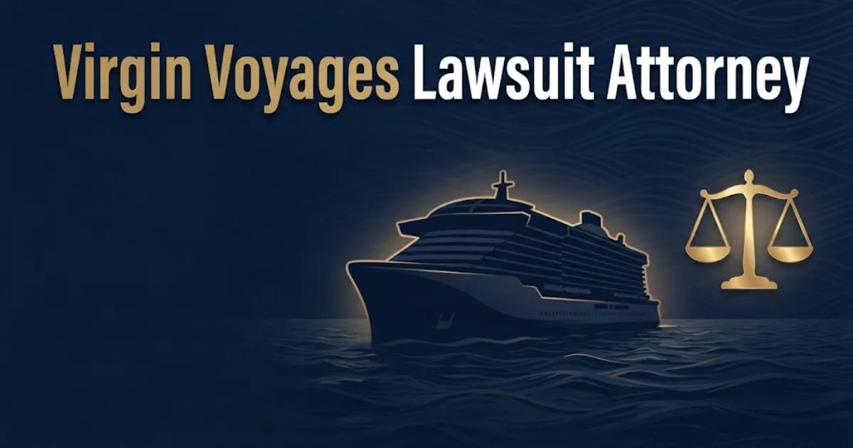 Virgin voyages lawsuit attorney guide banner with cruise ship silhouette and scales of justice