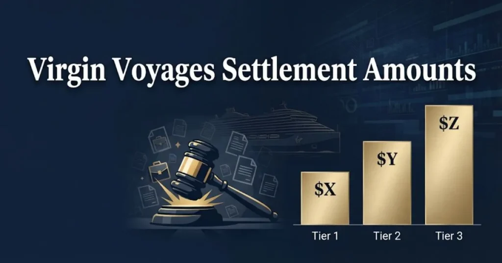Virgin voyages settlement amounts infographic with gavel and legal documents in navy and gold