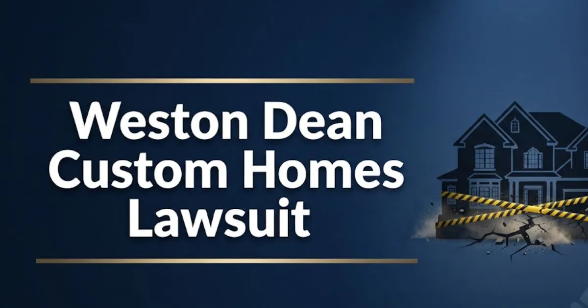 Weston Dean Custom Homes lawsuit 2026 hero banner showing cracked house silhouette and legal gavel on dark navy background