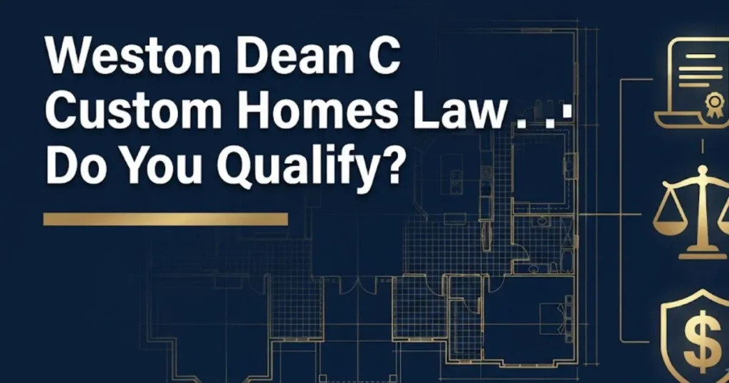 Weston Dean Custom Homes lawsuit eligibility graphic with blueprint background and legal icons showing who qualifies to file a claim