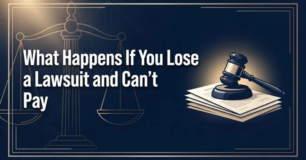 What happens if you lose a lawsuit and can't pay hero banner with gavel and legal documents on navy background