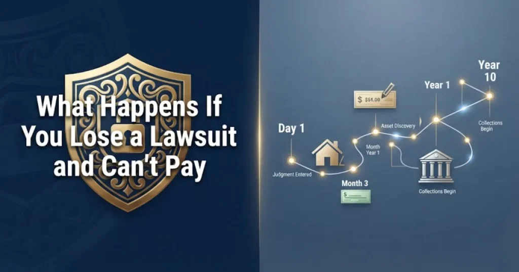 What happens if you lose a lawsuit and can't pay timeline graphic showing asset protection and collection process