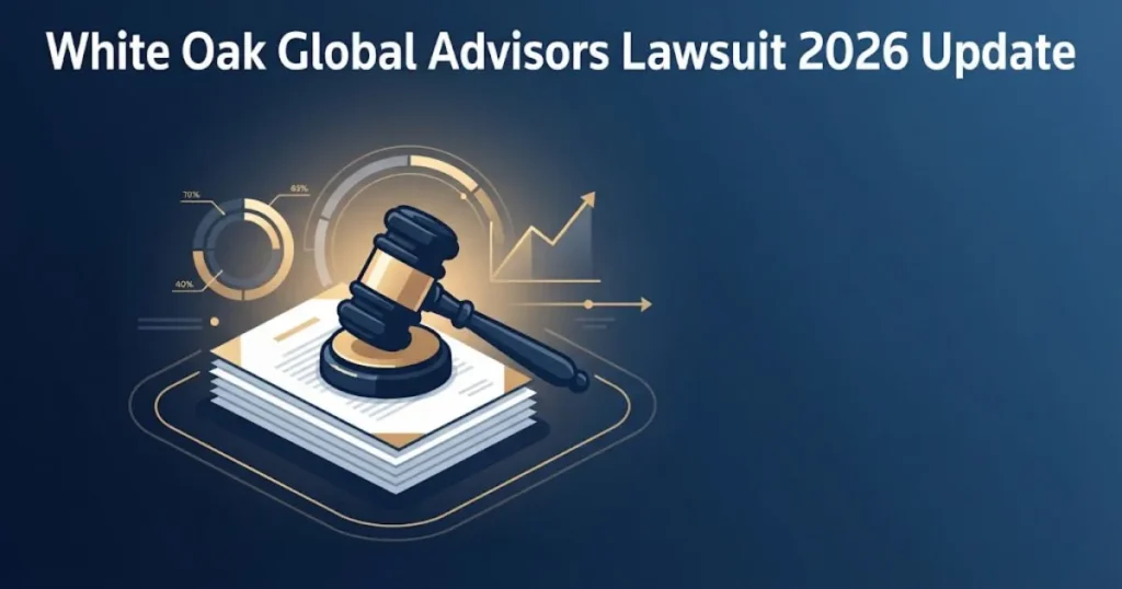 White Oak Global Advisors Lawsuit 2026 update graphic with gavel and financial document icons