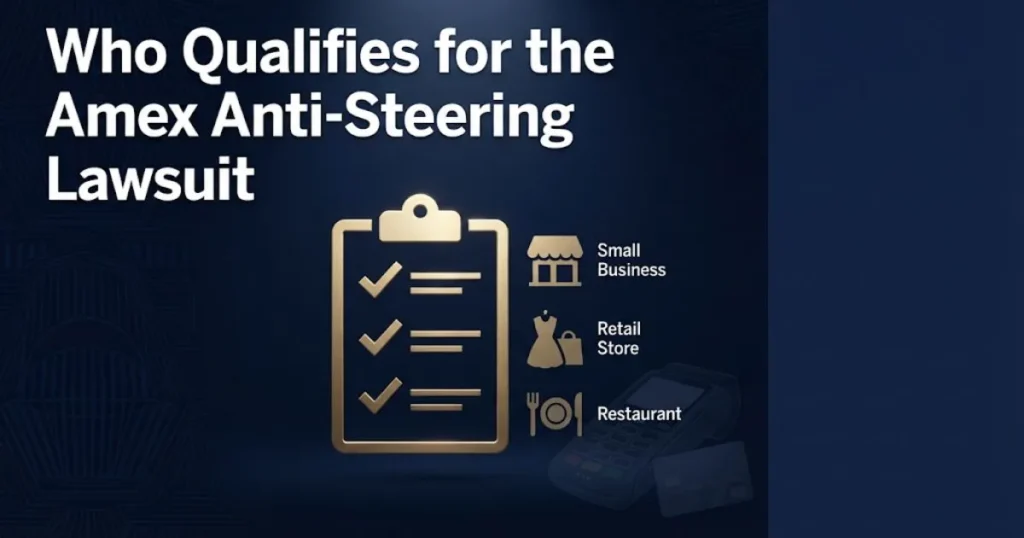 Who qualifies for the Amex anti-steering rules lawsuit eligibility checklist graphic