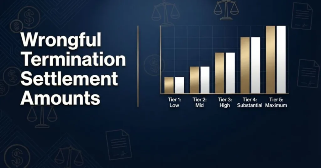 Wrongful termination settlement amounts comparison chart in navy and gold