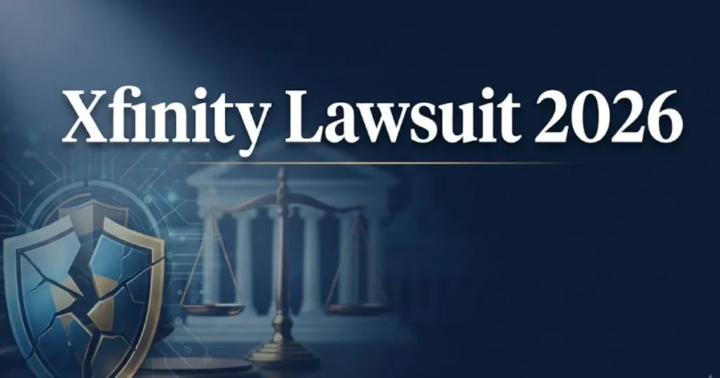 Xfinity lawsuit 2026 legal banner with courthouse and data breach symbols on navy background