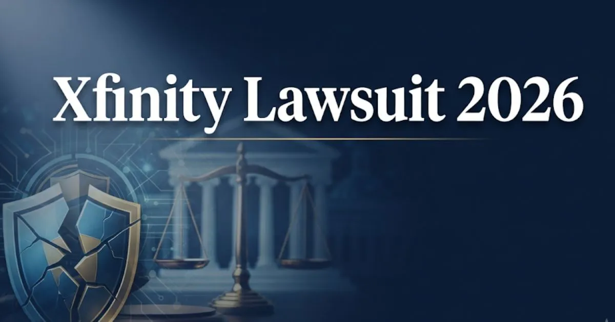 Xfinity lawsuit 2026 legal banner with courthouse and data breach symbols on navy background