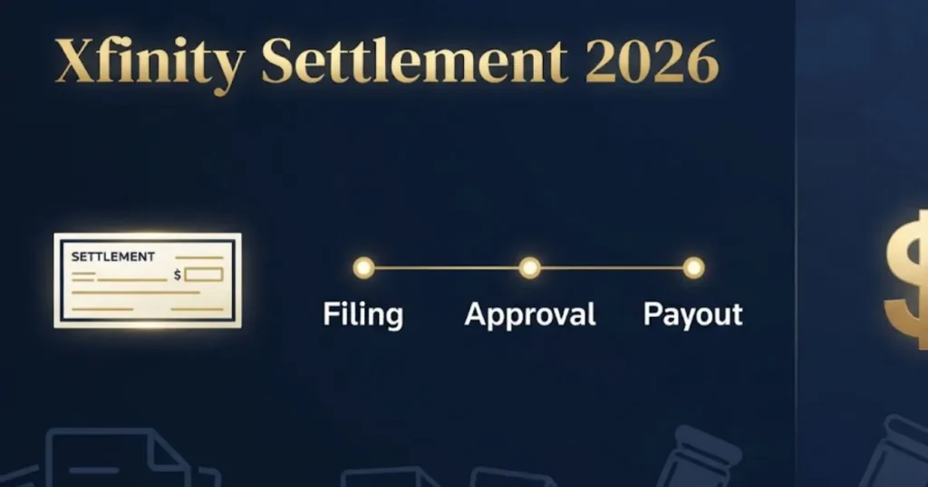 Xfinity settlement 2026 timeline infographic showing filing and payout phases