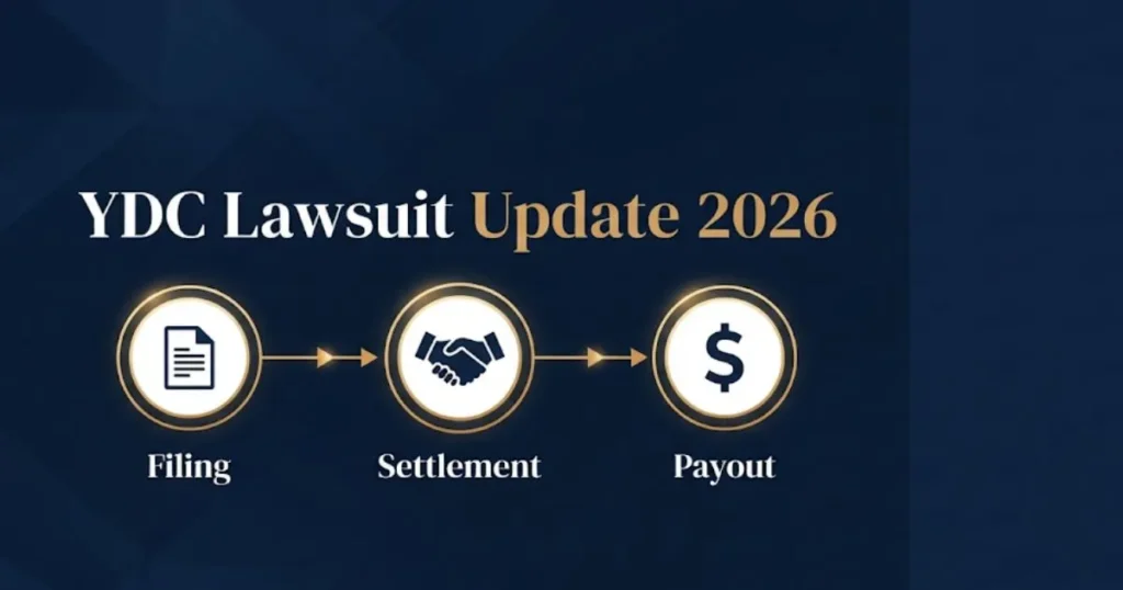 YDC lawsuit update 2026 infographic showing filing settlement and payout timeline stages