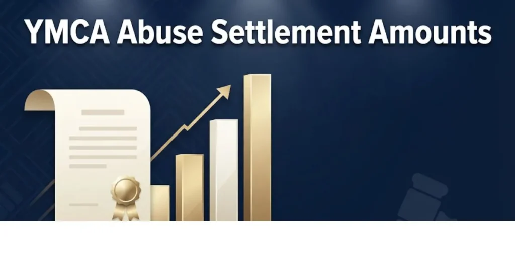 YMCA abuse settlement amounts infographic with document icon and bar chart in navy and gold design