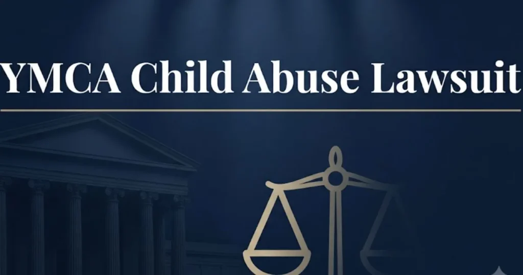 YMCA child abuse lawsuit hero banner with courthouse silhouette and scales of justice in navy and gold