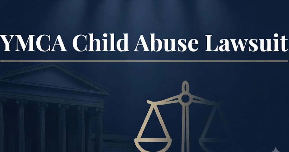 YMCA child abuse lawsuit hero banner with courthouse silhouette and scales of justice in navy and gold