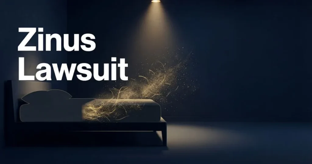 Zinus lawsuit hero banner showing mattress silhouette with fiberglass particles and bold headline text on navy background