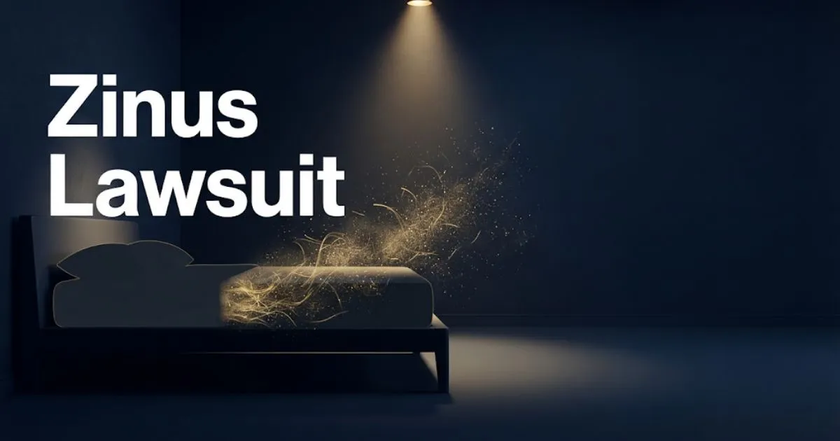 Zinus lawsuit hero banner showing mattress silhouette with fiberglass particles and bold headline text on navy background