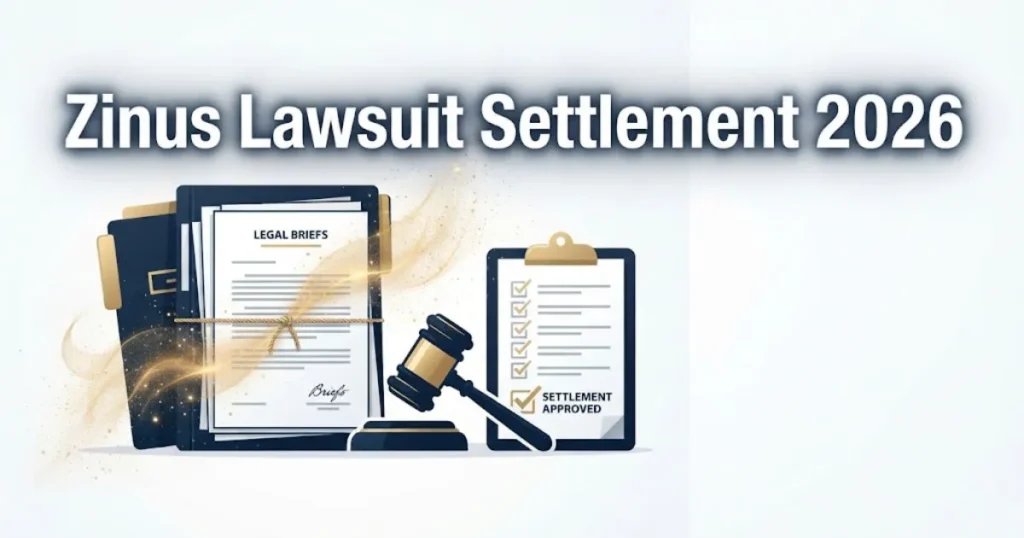 Zinus lawsuit settlement 2026 graphic with legal documents and gavel icon on navy and gold editorial background