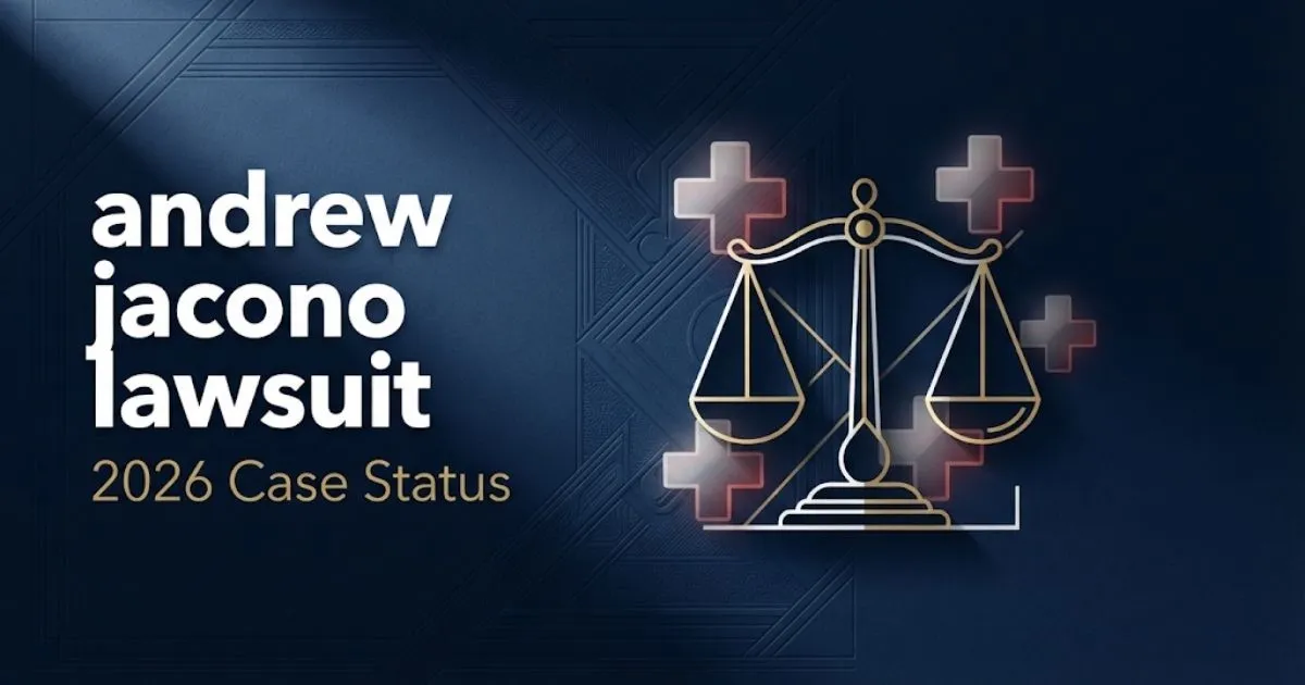 andrew jacono lawsuit 2026 case status banner with legal scales and medical icons on navy background