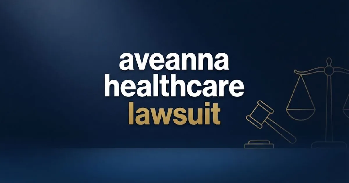 aveanna healthcare lawsuit banner with legal gavel and scales of justice on navy background