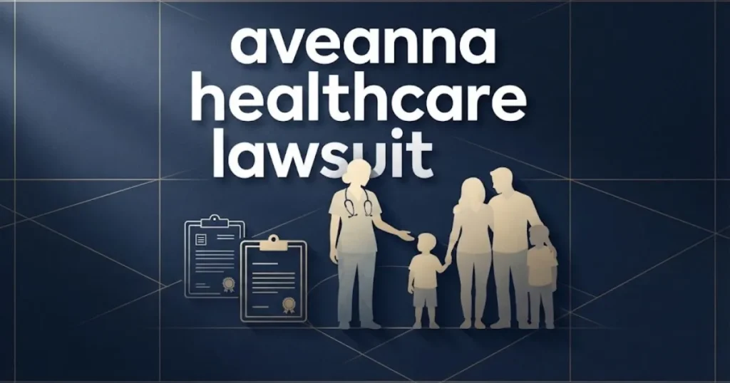 aveanna healthcare lawsuit settlement graphic with nurse silhouette and document icons on navy background