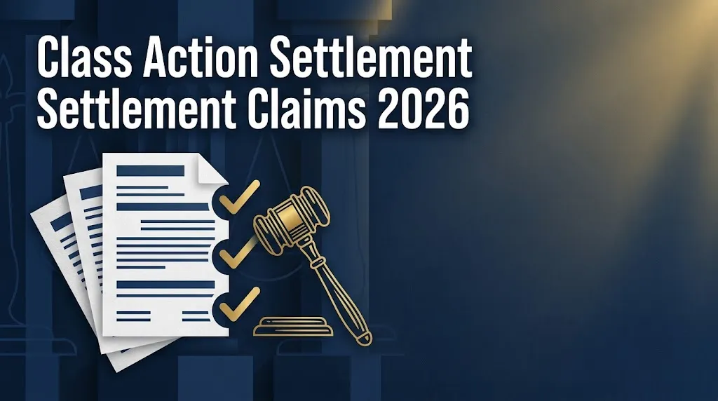 Class action settlement claims 2026 graphic with legal documents and gold gavel on navy background