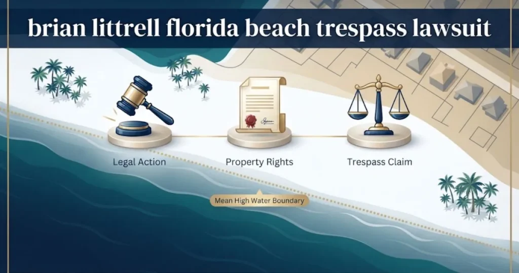 brian littrell florida beach trespass lawsuit graphic showing mean high water line boundary with legal icons on navy background