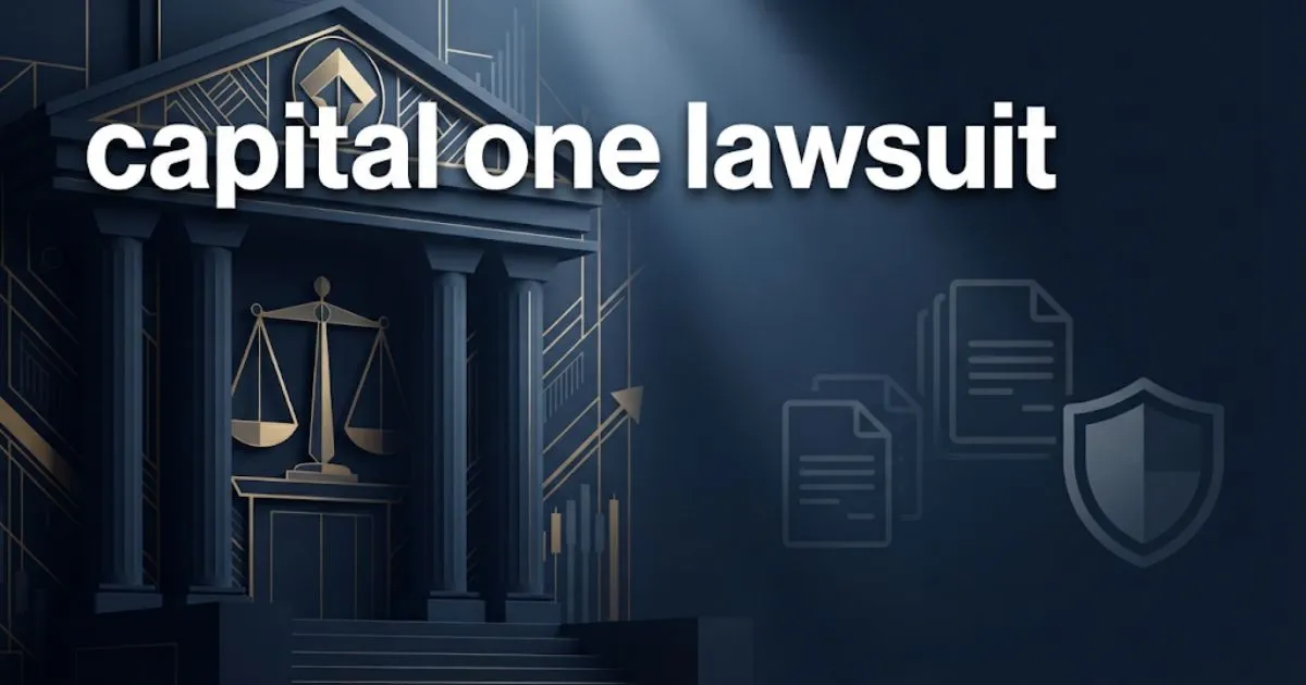 capital one lawsuit hero banner with courthouse graphics and settlement information in navy and gold