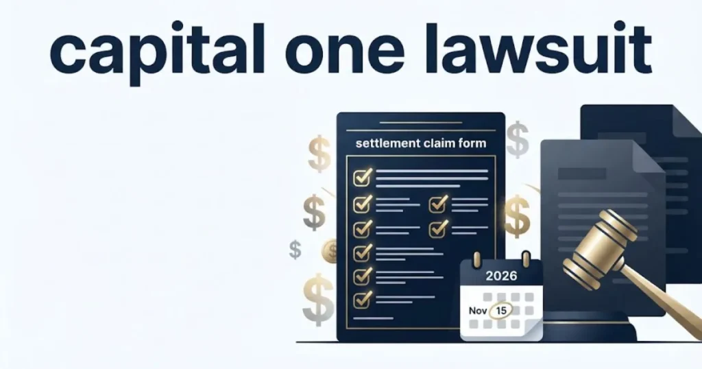 capital one lawsuit settlement claim form graphic with 2026 deadline calendar and payment icons