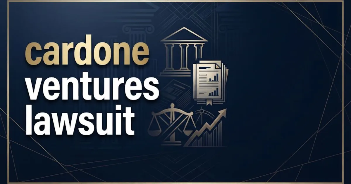 cardone ventures lawsuit hero banner with courthouse silhouette and financial documents on navy background