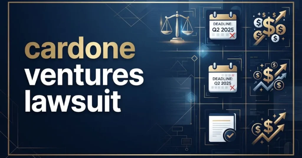 cardone ventures lawsuit settlement and eligibility graphic with balance scale and deadline icons