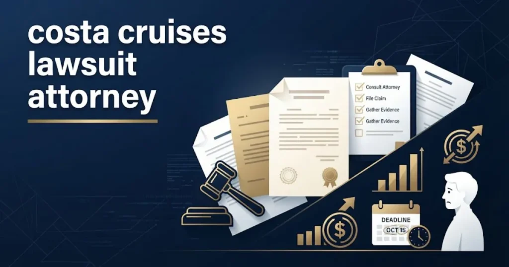costa cruises lawsuit attorney settlement and deadline infographic with legal documents and passenger icons
