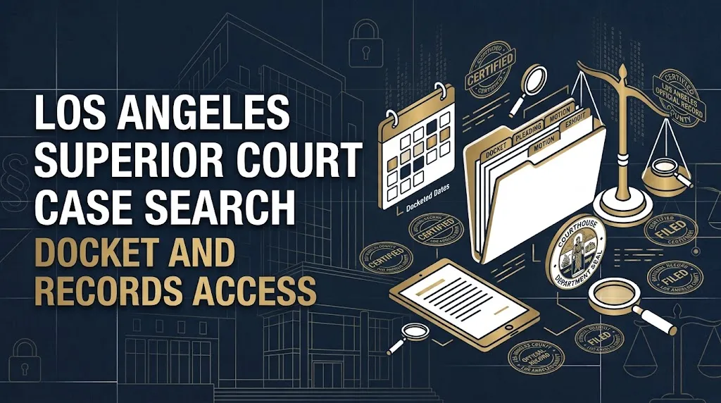 los angeles superior court case search docket diagram featuring legal case folders and certification seal icons