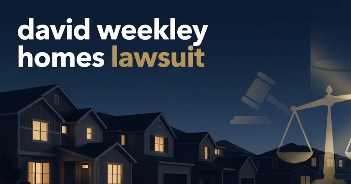 david weekley homes lawsuit hero banner with suburban housing silhouettes and legal symbols in navy and gold
