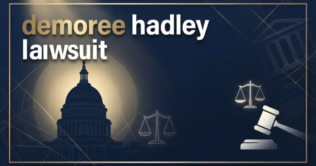 demoree hadley lawsuit hero banner with Capitol dome silhouette and legal scales in navy and gold