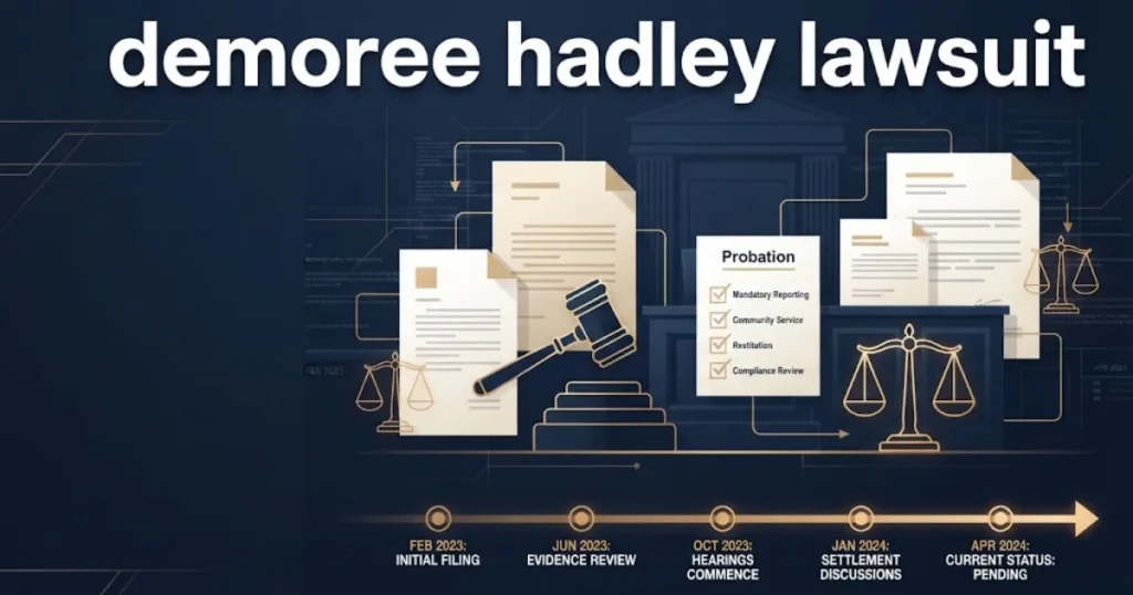 demoree hadley lawsuit timeline graphic with courtroom icons and probation checklist in navy and gold