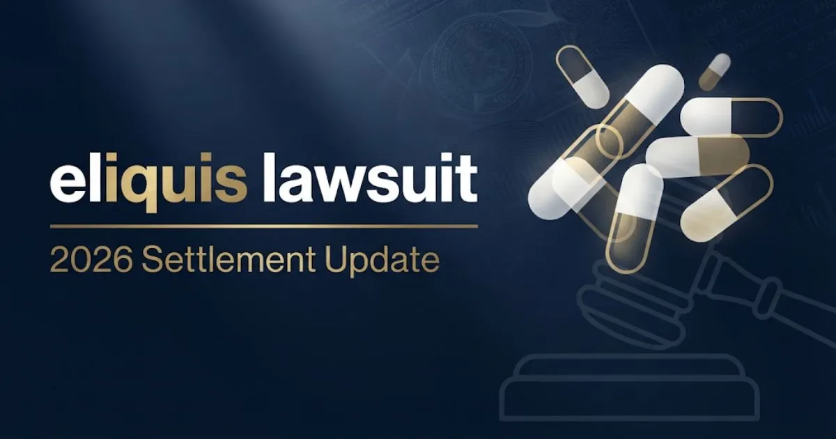 eliquis lawsuit 2026 settlement update banner with navy blue background and gold legal typography