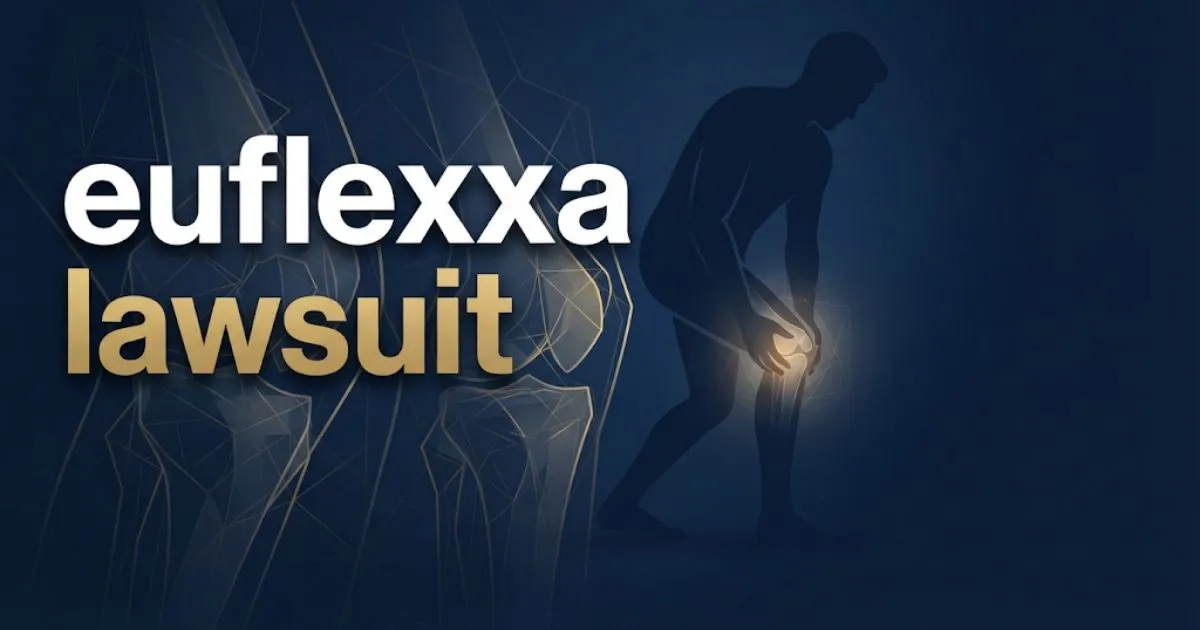 euflexxa lawsuit hero banner with knee joint graphic and bold headline on navy background